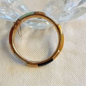 Elegant Multicolor Jade And 14k Gold Bangle Bracelet, Stamped 585 And 14k
